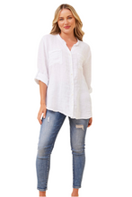 Load image into Gallery viewer, Front view of Roseanne Linen Shirt in khaki with chest pockets”