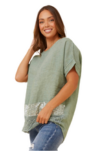 Load image into Gallery viewer, Side view of sage green linen top with sequins and short sleeves