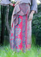Load image into Gallery viewer, Close-up of silk blend fabric on reversible Holly wrap skirt