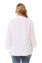 Load image into Gallery viewer, Back view of khaki linen shirt with curved hem and regular fit