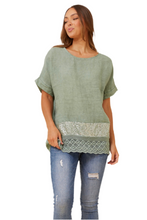 Load image into Gallery viewer, Front view of Emilio Sequin Linen Top in sage with relaxed fit
