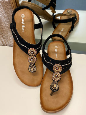Flat Beaded Sandals - Black