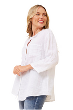 Load image into Gallery viewer, White linen shirt with mandarin collar and roll-up 3/4 sleeves
