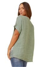 Load image into Gallery viewer, Back view of sage Emilio Sequin Linen Top in 100% linen