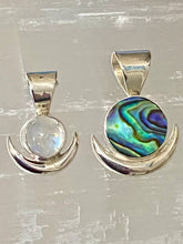 Load image into Gallery viewer, Handcrafted New Moon pendant in sterling silver with iridescent Moonstone gem.