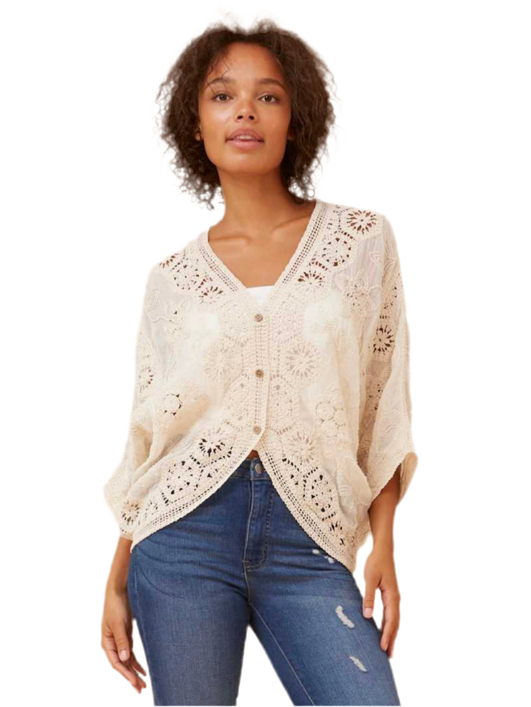 Women’s embroidered beige cardigan with crochet detail and buttons