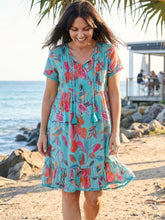 Load image into Gallery viewer, Colette V Neck Tassel Dress - Tropical Foliage Sea
