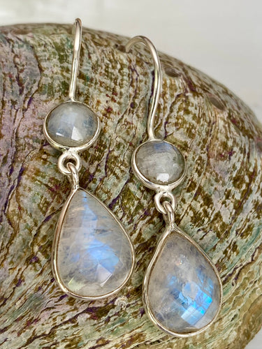 Rainbow Moonstone Facet 2 Stone Drop Earrings