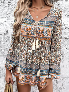 Floral Print Tassel Neck Long Sleeve Top - Beige