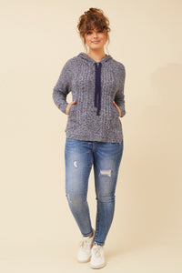 Hooded Cable Knit Jumper - Navy