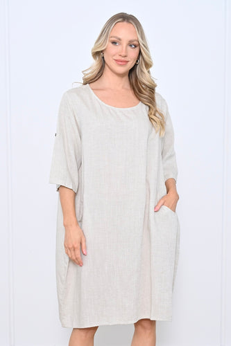 Round Neck Roll Up Sleeve Linen Dress - Beige