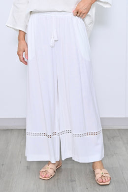 Wide Leg Tassel Linen Pants With Lace Insert Detail - White