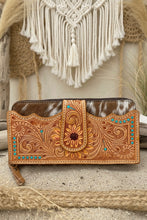Load image into Gallery viewer, Merida Cowhide and Tooling Leather Sunflower Zippered Wallet - Tan &amp; White