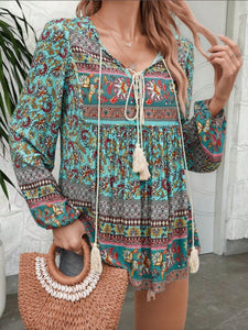 Floral Print Tassel Neck Long Sleeve Top - Blue