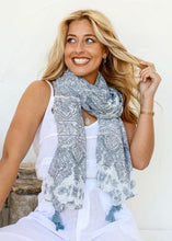 Load image into Gallery viewer, Denim Floral Border Scarf With Tassels