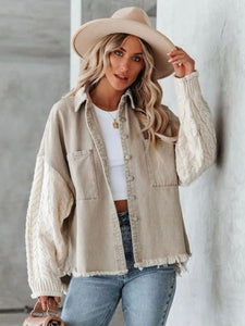 Knit Sleeve Button Front Cotton Denim Jacket