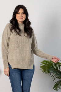 Wool Mix Rib Detail Mock Neck Jumper - Cream