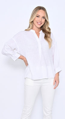 Stand Collar Linen Shirt - White
