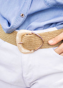Marble Buckle Stretch Braided  Belt - Khaki