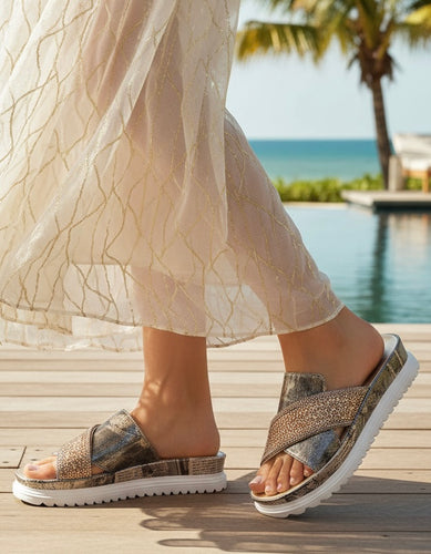 Newspaper Print Sandals - Gold