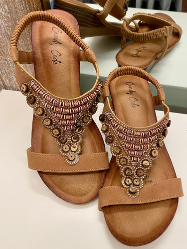 Wedge Beaded Sandals in Brown with intricate bead and diamanté detailing.