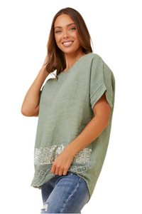 Emilio Sequin Linen Top - Sage