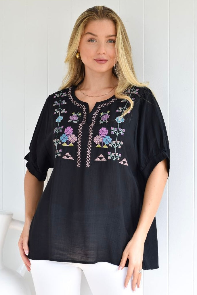 Amaya Embroidered Top - Black