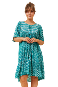 Honda Boho Short Dress in Green – front view with embroidery and tassel tie neckline