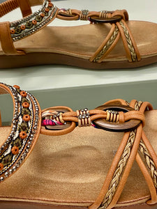 Side view of Beaded Camel Sandals showing cushioned sole and arch support.