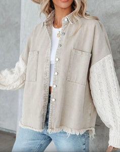 Knit Sleeve Button Front Cotton Denim Jacket