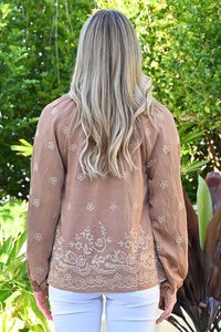 Embroidered V NeckTop - Tan