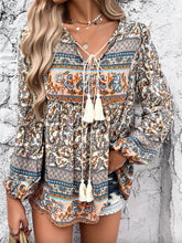 Load image into Gallery viewer, Floral Print Tassel Neck Long Sleeve Top - Beige