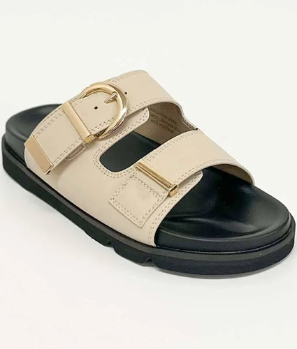 Nelly Double Buckle Sandals in Bone with gold buckles – wide fit