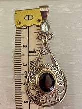 Load image into Gallery viewer, Filigree Teardrop Sterling Silver Pendant - Blue Topaz &amp; Garnet