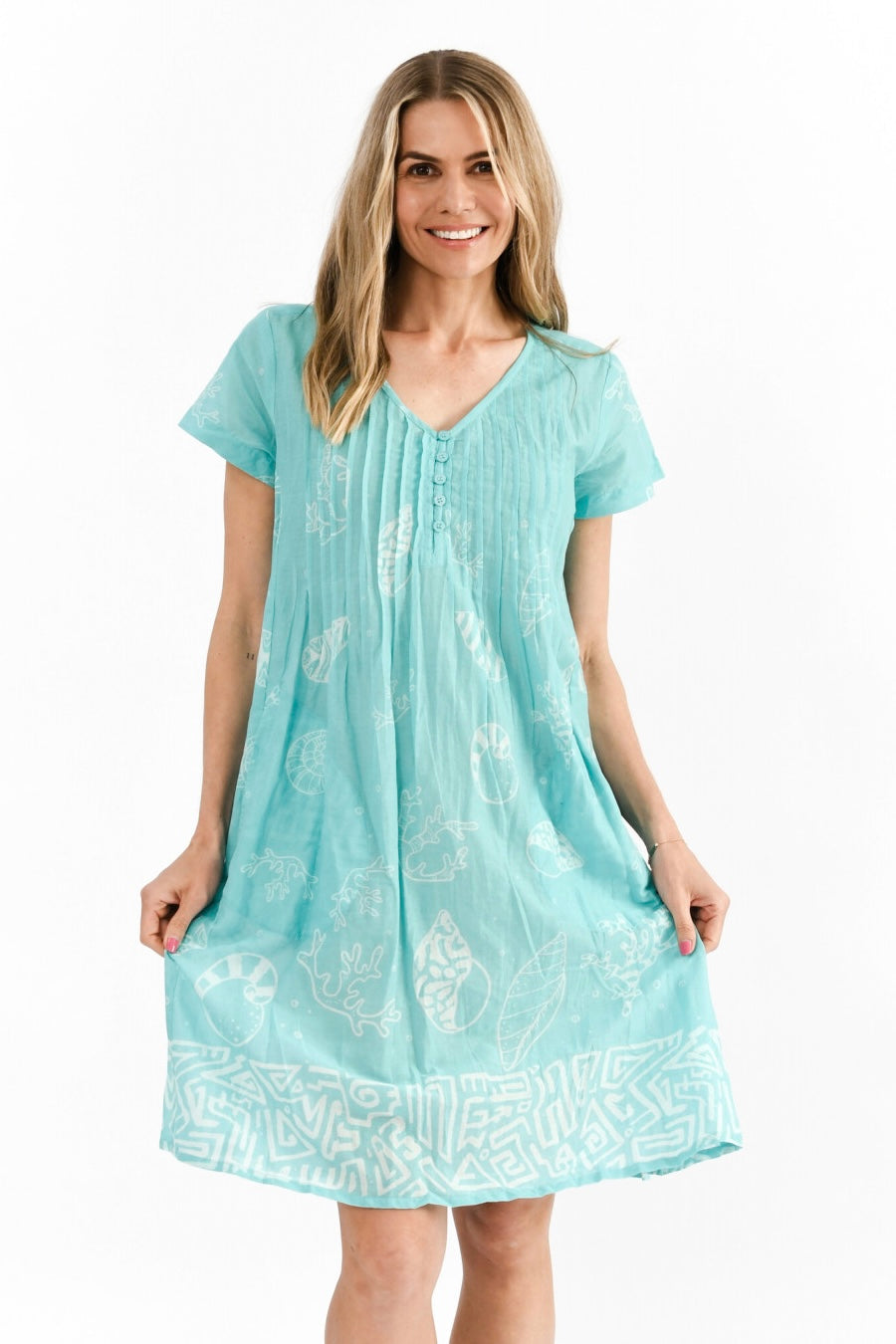 Nicola Cap Sleeve Dress - Coral Border Jade