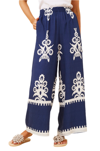 Border Print Wide Leg Pants - Navy