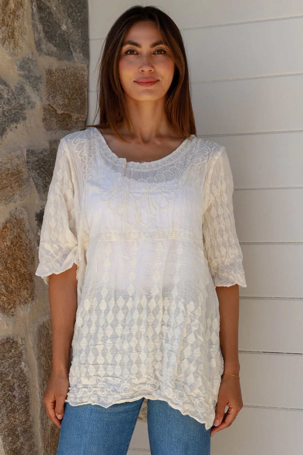 Embroidered Cotton Top - Cream