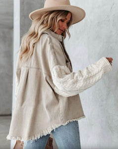 Knit Sleeve Button Front Cotton Denim Jacket