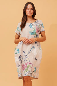 Floral Linen Dress - Beige