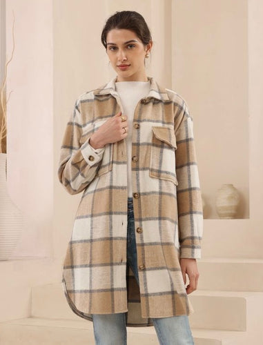 Checked Shacket - Camel