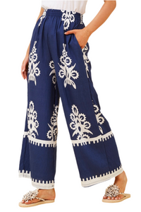 Border Print Wide Leg Pants - Navy