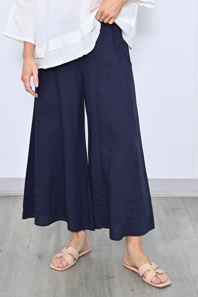 Wide Leg Linen Pants With Pin Tucking Detail - Navy