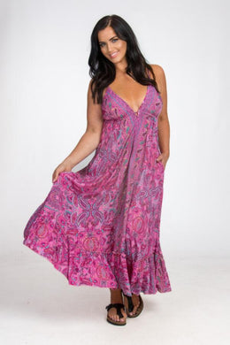 Long Strappy Silk Dress with Pockets - Pink