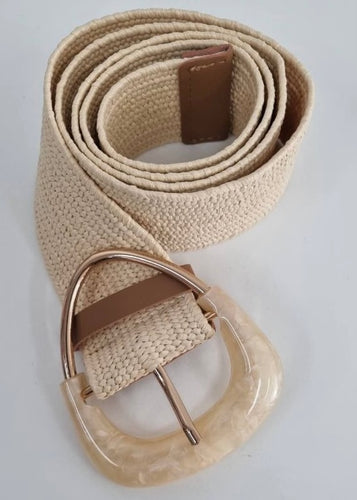 Marble Buckle Stretch Braided  Belt - Beige