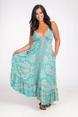 Long Strappy Silk Dress with Pockets - Mint