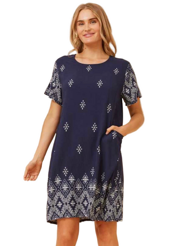 Printed Shift Dress - Navy