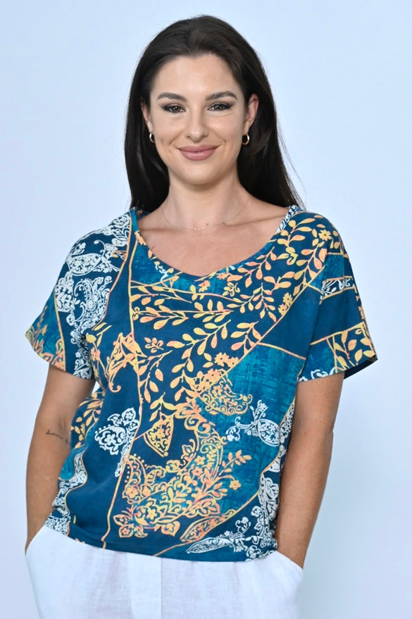 Linen Top - Teal Print