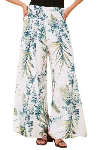 Women’s wide leg pants in tropical leaf print – lightweight viscose, generous fit, made in Italy