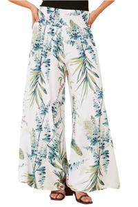 Women’s wide leg pants in tropical leaf print – lightweight viscose, generous fit, made in Italy