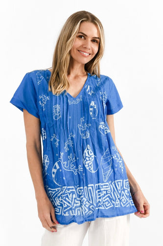 Kayla Cotton Blouse - Coral Border Cobalt